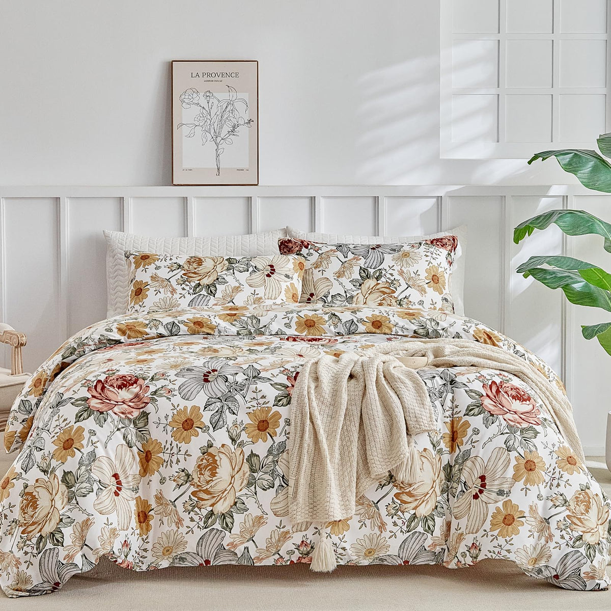 Lekesky Floral Duvet Cover Queen Size 3-Piece, Sage Green