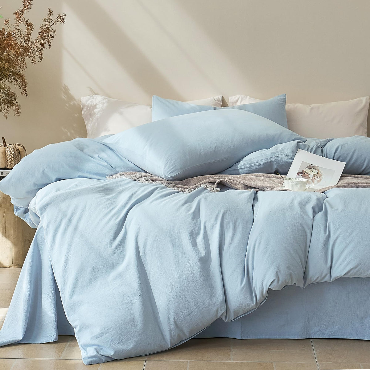 JELLYMONI 100% Cotton King Duvet Cover Set, Washed Linen-Like Texture