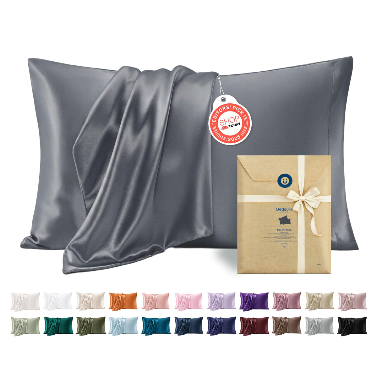 Bedsure Satin Pillowcases Queen Set of 2, Silky Pillow Cases, Dark Grey