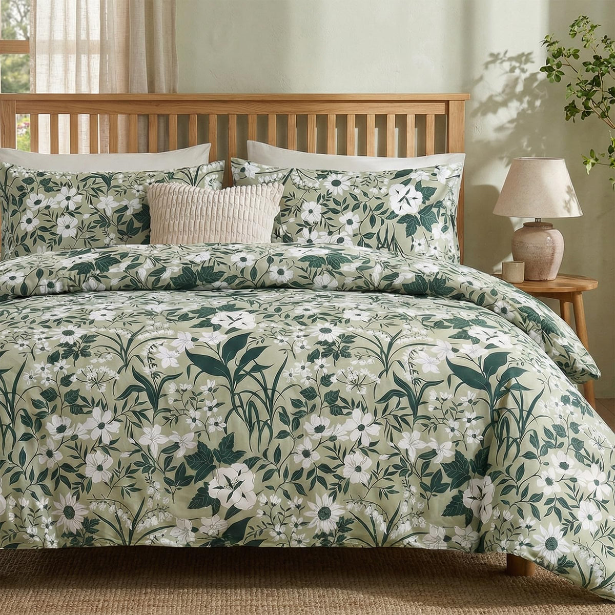 Duvet Cover Queen Size - 100% Cotton Reversible Floral Queen Duvet Cover Set with Zipper Closure, 3 Pieces Soft & Breathable Green Bedding Set for All Seasons