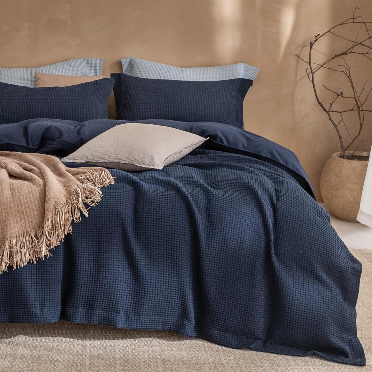 3Pcs Brown Waffle Cotton Duvet Cover Set King 104 x 90