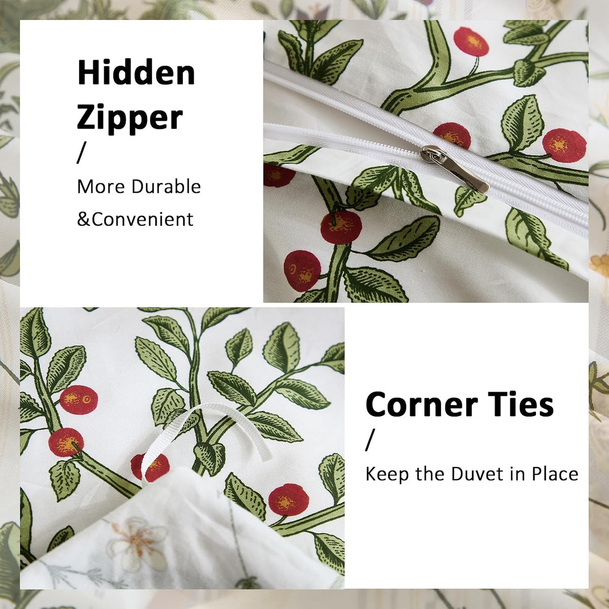 Duvet Cover Queen Size - 100% Cotton Reversible Floral Queen Duvet Cover Set with Zipper Closure, 3 Pieces Soft & Breathable Green Bedding Set for All Seasons