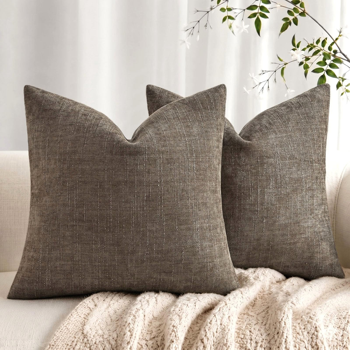 decorUhome Chenille Decorative Throw Pillow Covers 18x18 Set of 2, Brown