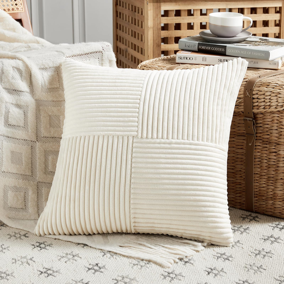Fancy Homi Blush Pink Lumbar Decorative Throw Pillow Covers 12x20 Inch for Living Room Couch Bed, Rustic Farmhouse Boho Home Decor, Soft Striped Corduroy Rectangle Accent Cushion Case 30x50 cm