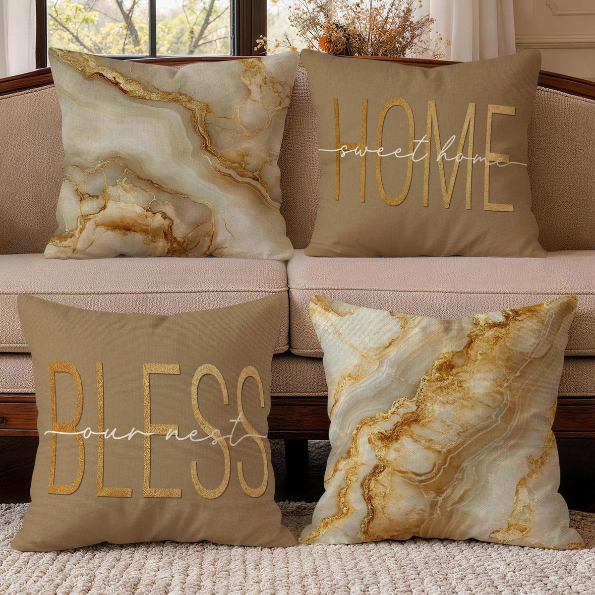 OBSEDE Retro Wood Grain Geometric Throw Pillow Covers 18 x 18 Inch Set of 4