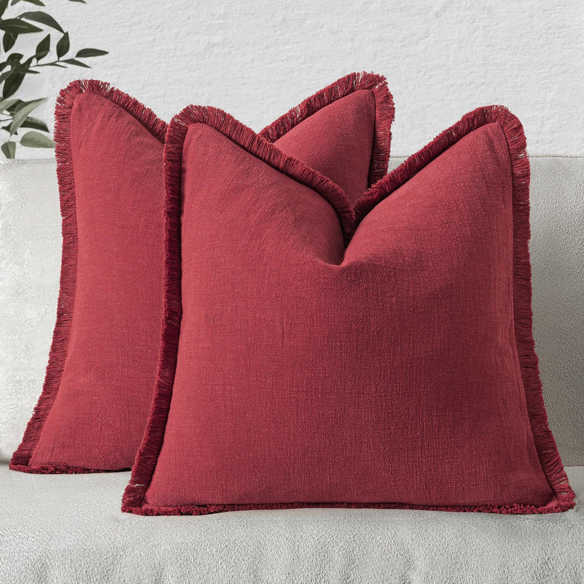 MIULEE Boho Linen Fringe Decorative Throw Pillow Covers Olive Green 20x20