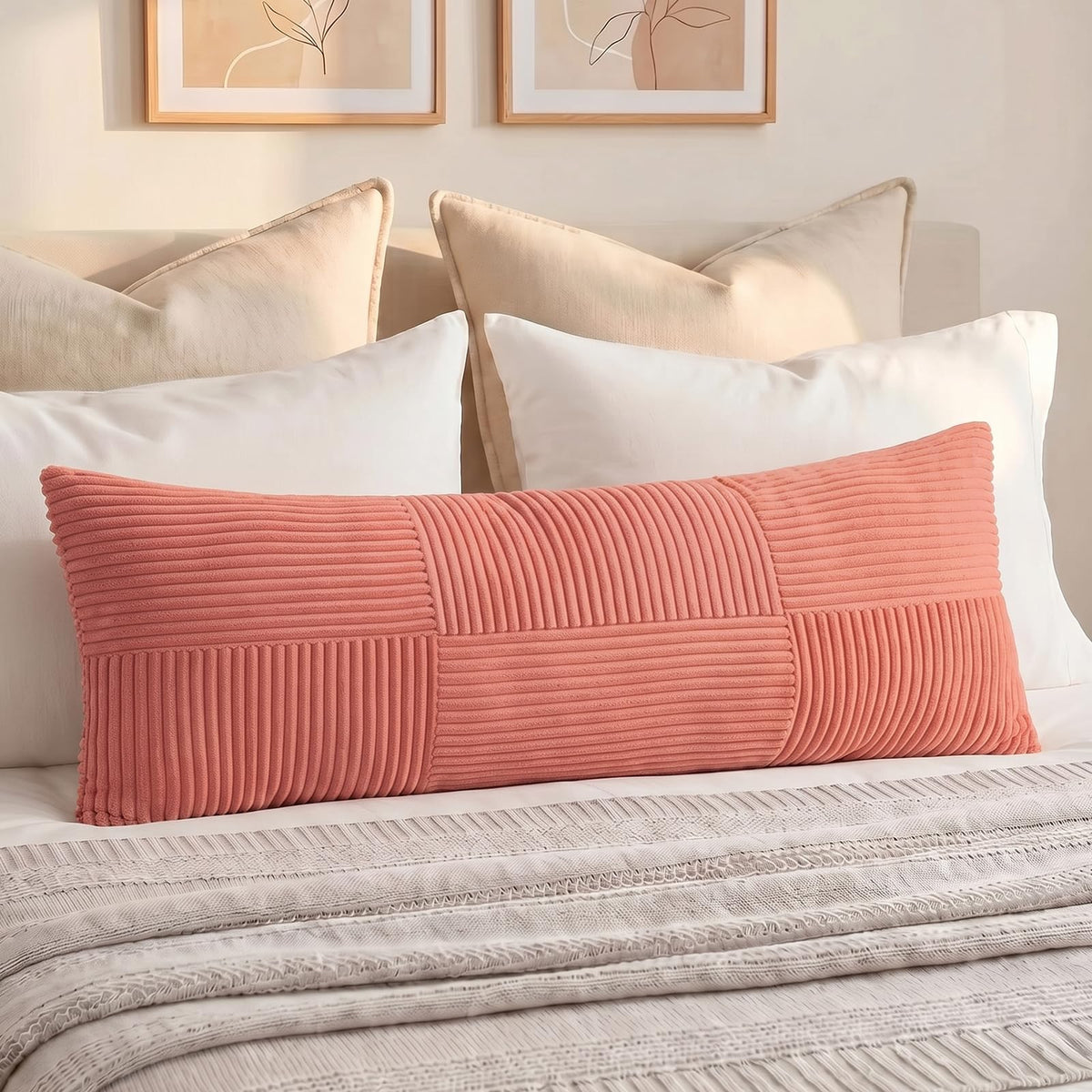 Fancy Homi Blush Pink Lumbar Decorative Throw Pillow Covers 12x20 Inch for Living Room Couch Bed, Rustic Farmhouse Boho Home Decor, Soft Striped Corduroy Rectangle Accent Cushion Case 30x50 cm