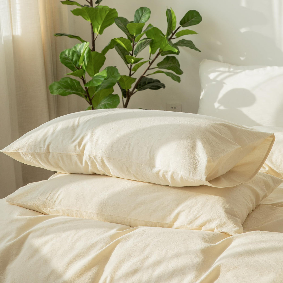 MOOMEE Pillowcase Set of 2 100% Washed Cotton Linen-Like Standard