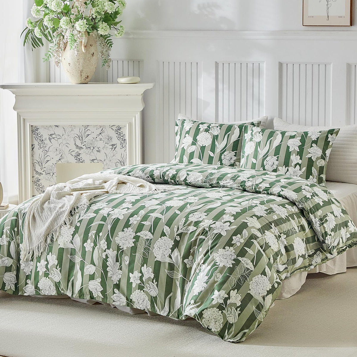 Lekesky Floral Duvet Cover Queen Size 3-Piece, Sage Green