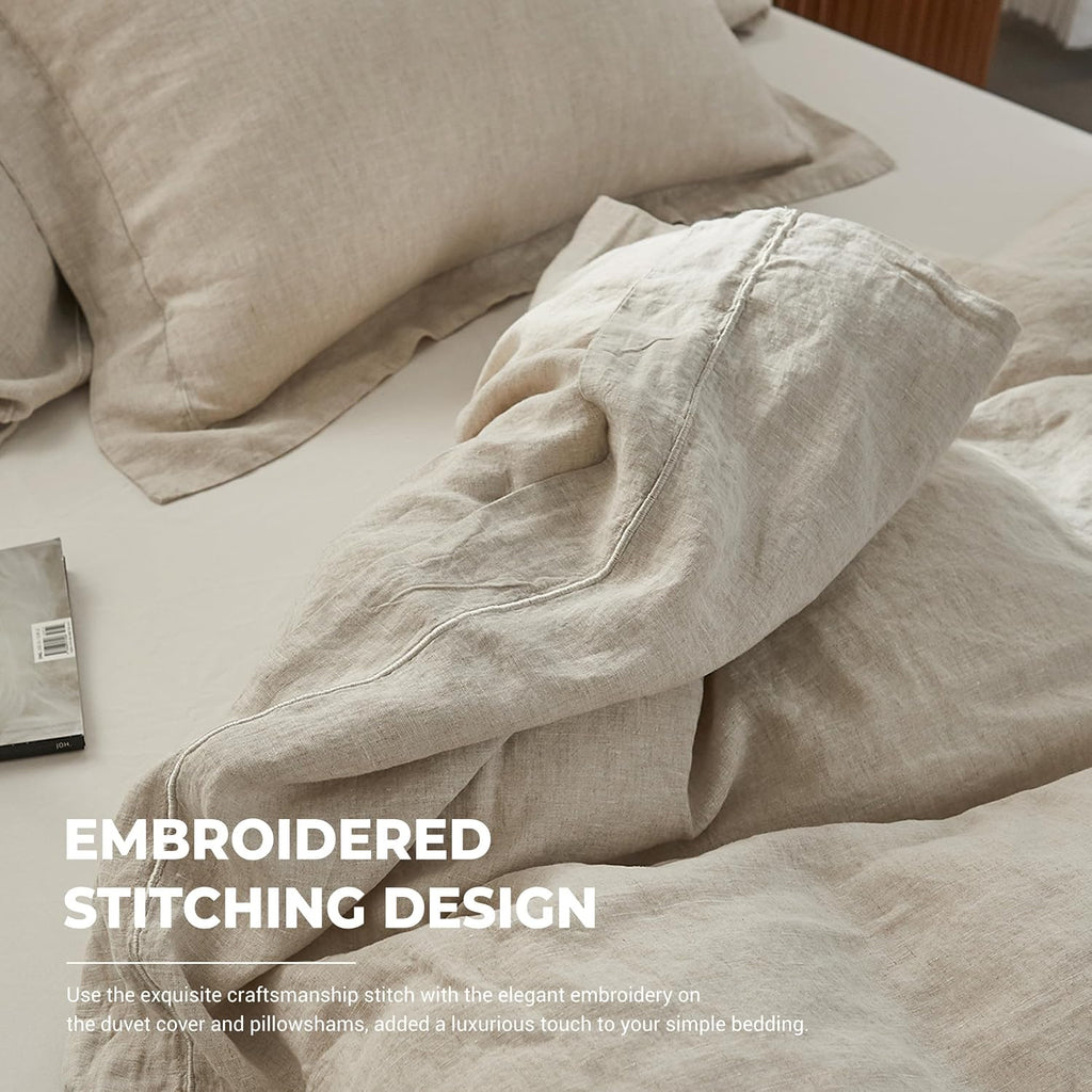 Simple&Opulence 100% French Linen Duvet Cover Set with Embroidered,3 Pcs Washed Soft Farmhouse Bedding Set with Button Closure,1 Comforter Cover and 2 Pillowshams(King,Natural Linen)