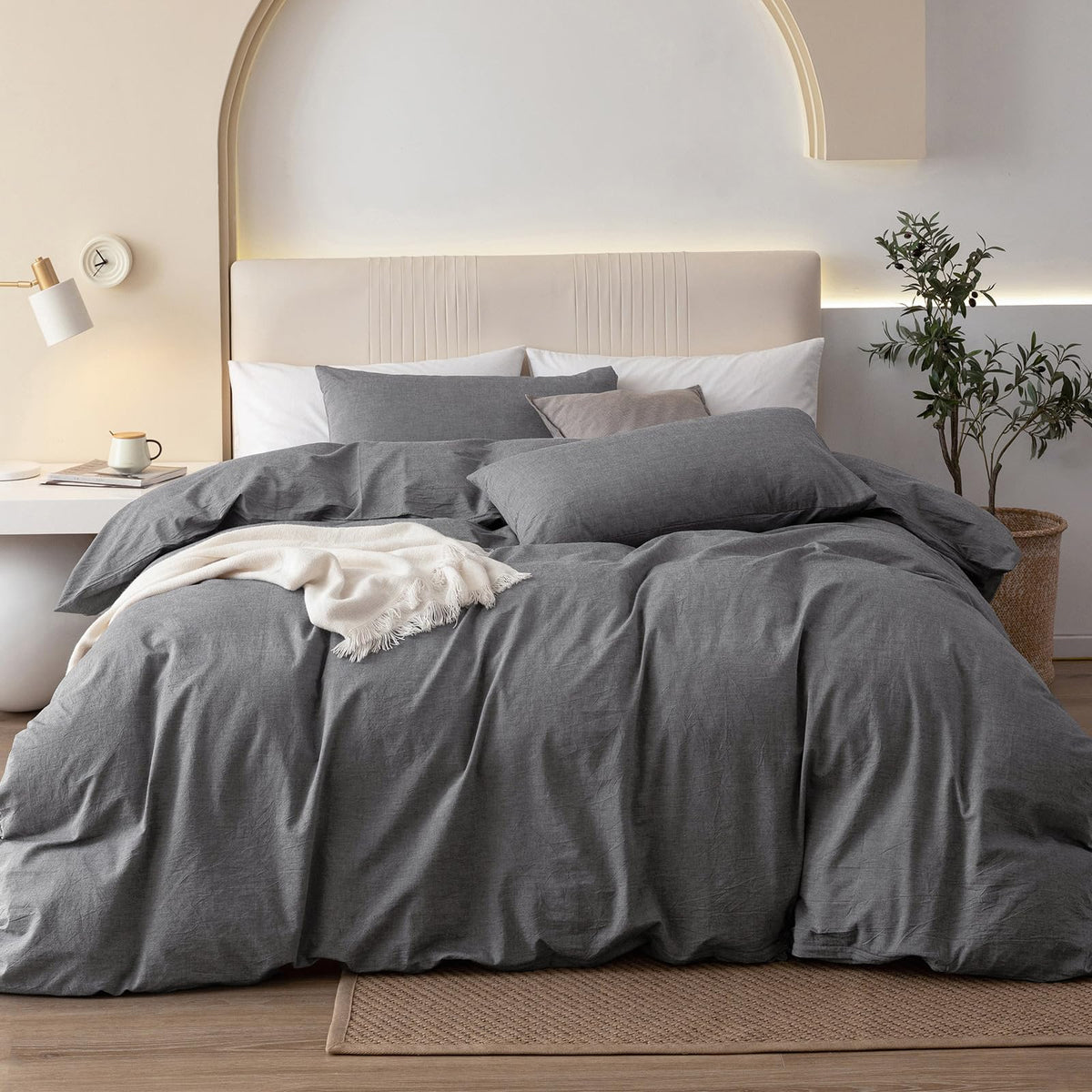 JIYUAN Queen Washed Cotton Duvet Cover Set, 3-Piece, Relaxed Linen Feel