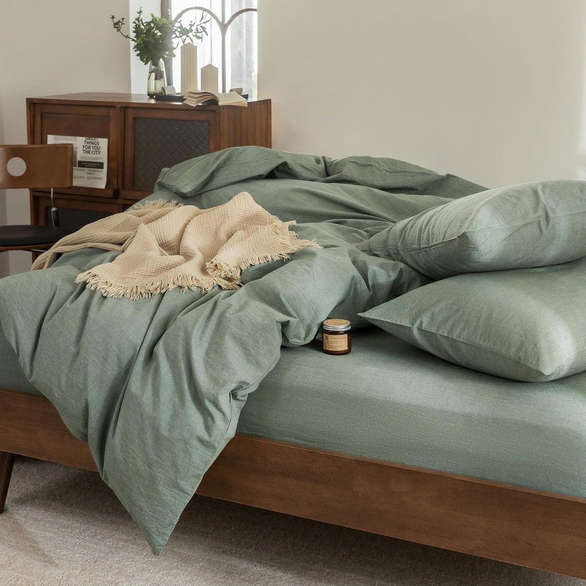 FOSSA Duvet Cover Set 100% Washed Cotton Linen Feel Queen