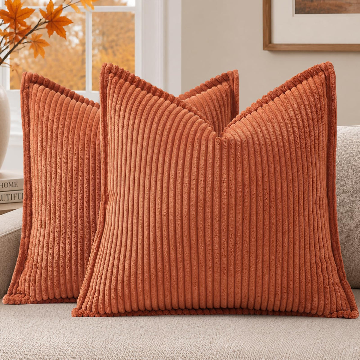 Mecatny Corduroy Fall Throw Pillow Covers 18x18 Set of 2 Olive Green