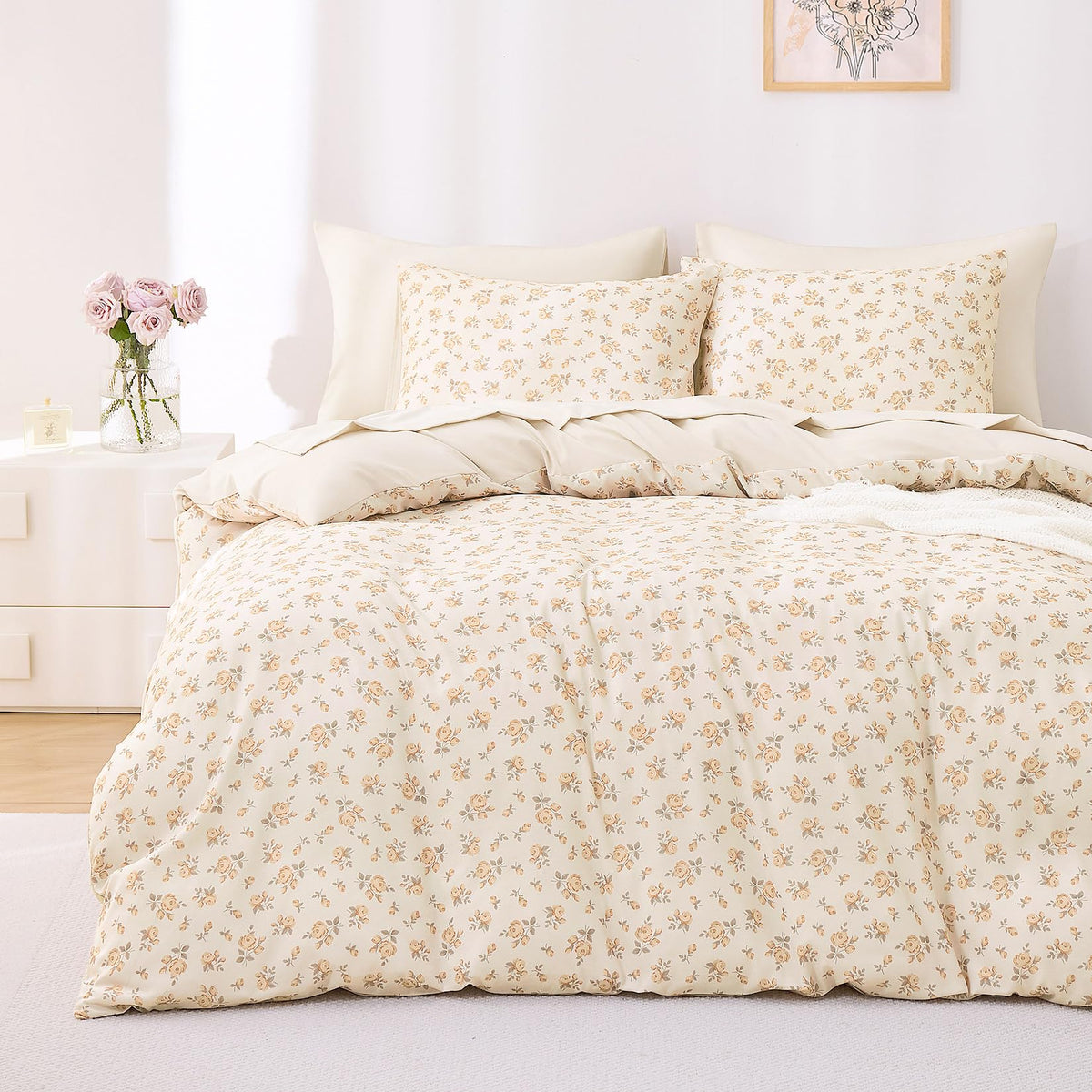 Wake In Cloud - Coquette Duvet Cover Set, Floral Cottagecore Flower Shabby Chic Cute Aesthetic, Soft Lightweight Bedding for Women Teen Girls, 3-Piece, Pink, Queen Size