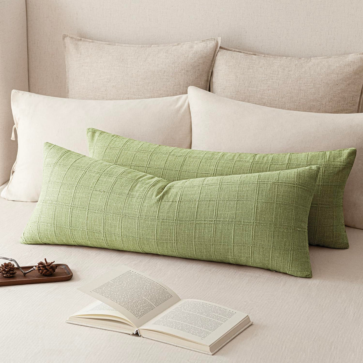 Foindtower Boho Linen Check Decorative Throw Pillow Cover 18×18 Olive Green