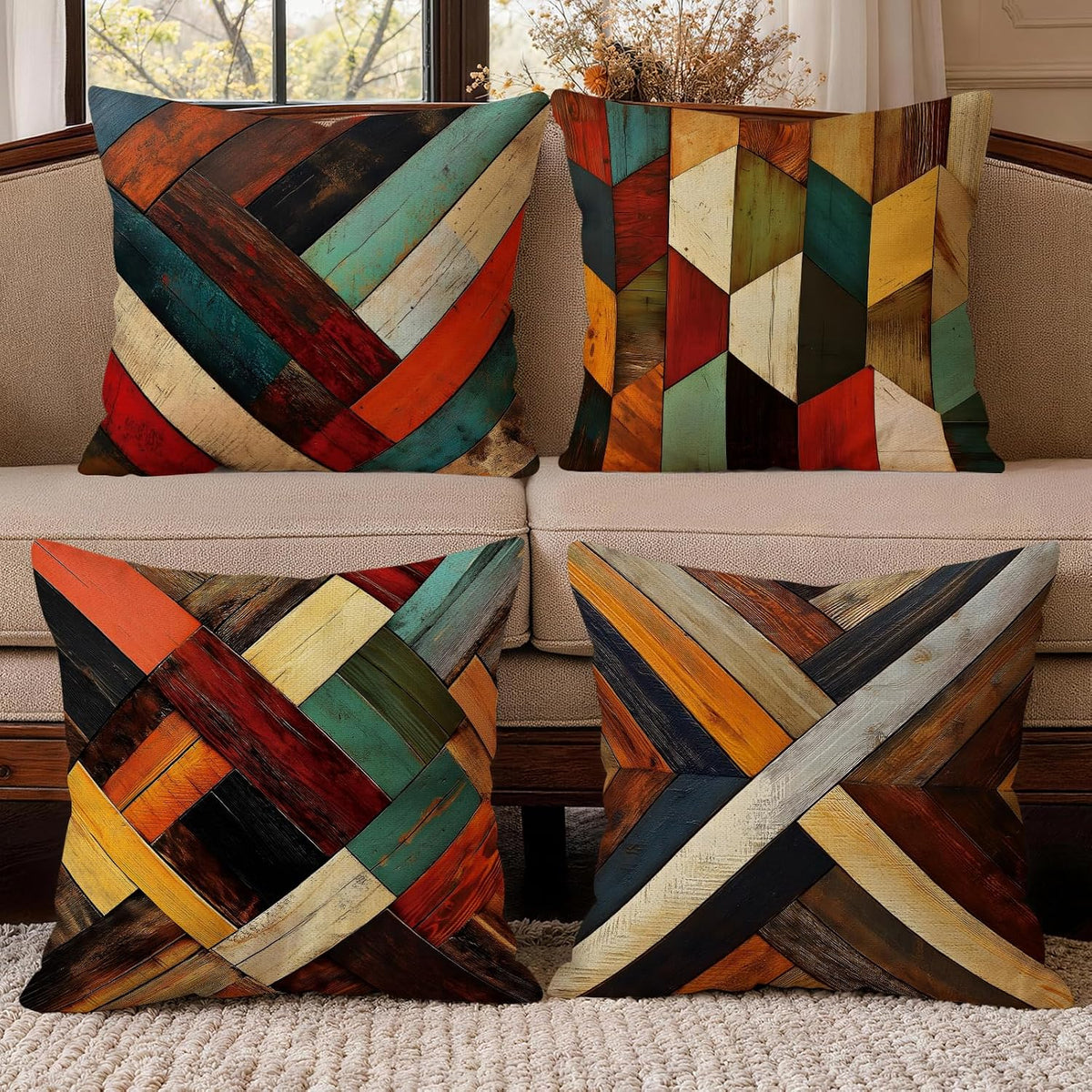 OBSEDE Retro Wood Grain Geometric Throw Pillow Covers 18 x 18 Inch Set of 4