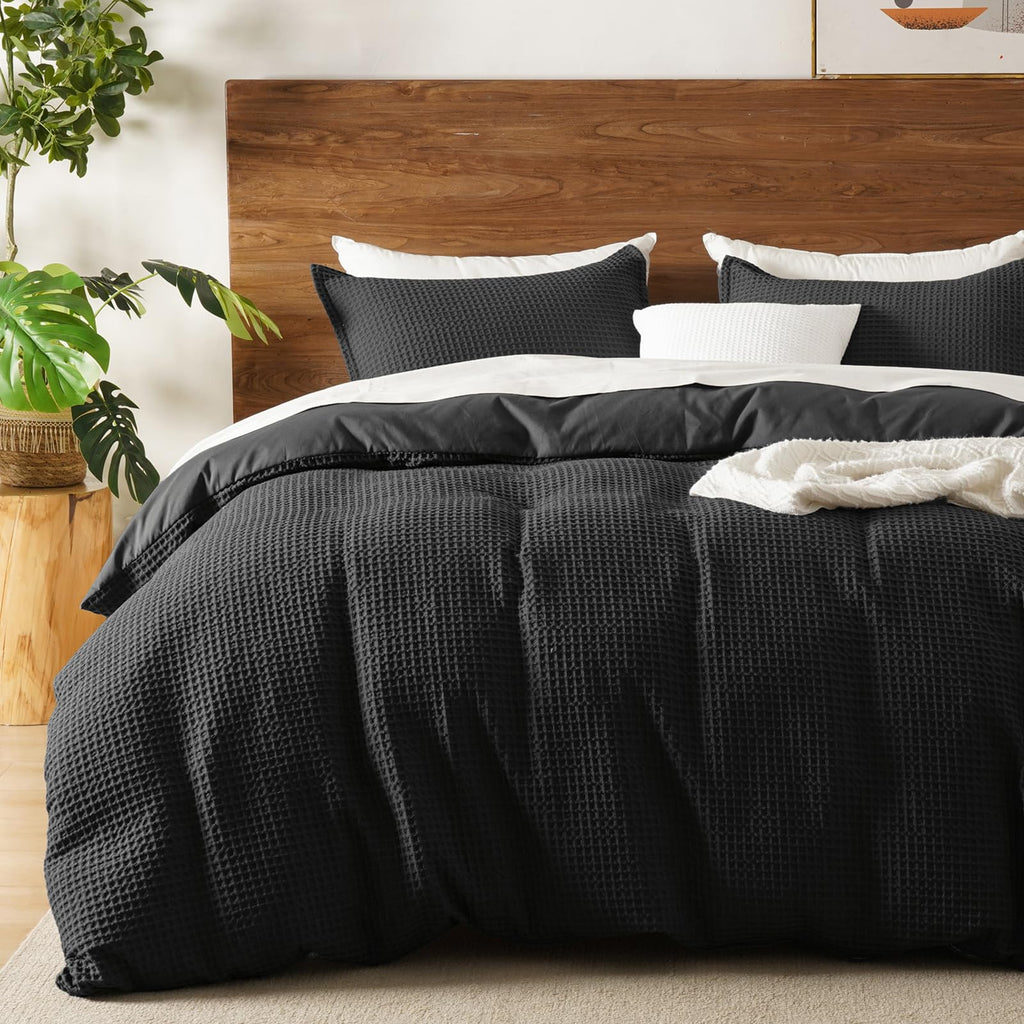 David's Home Soft Textured Waffle Weave Duvet Cover Set, King Size, Natural