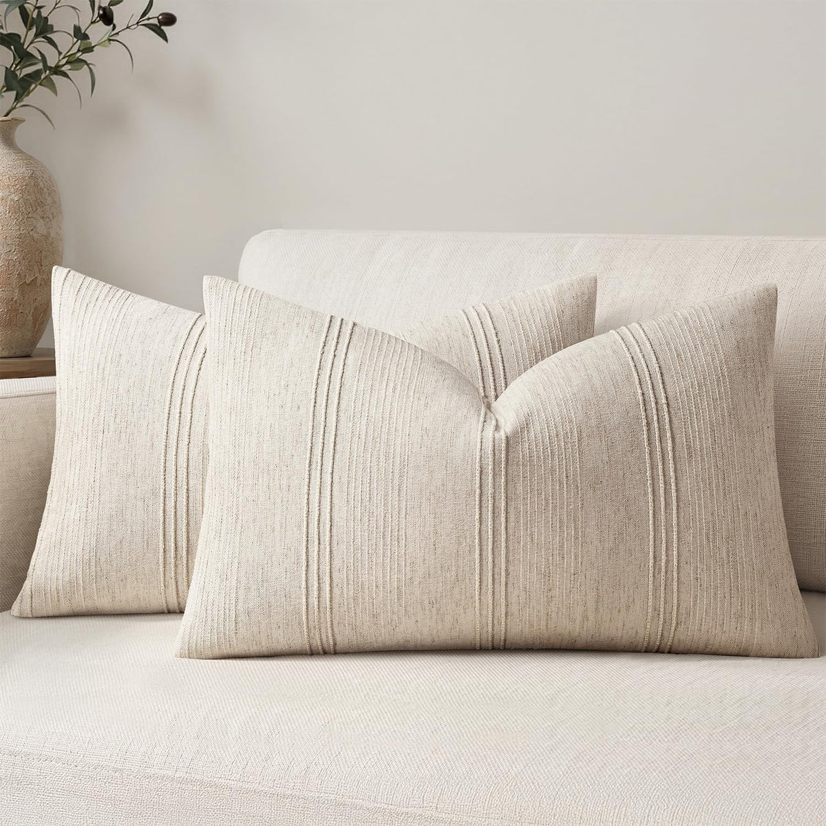 MIULEE Decorative Striped Throw Pillow Covers 18x18 in Natural Beige 2 Pack