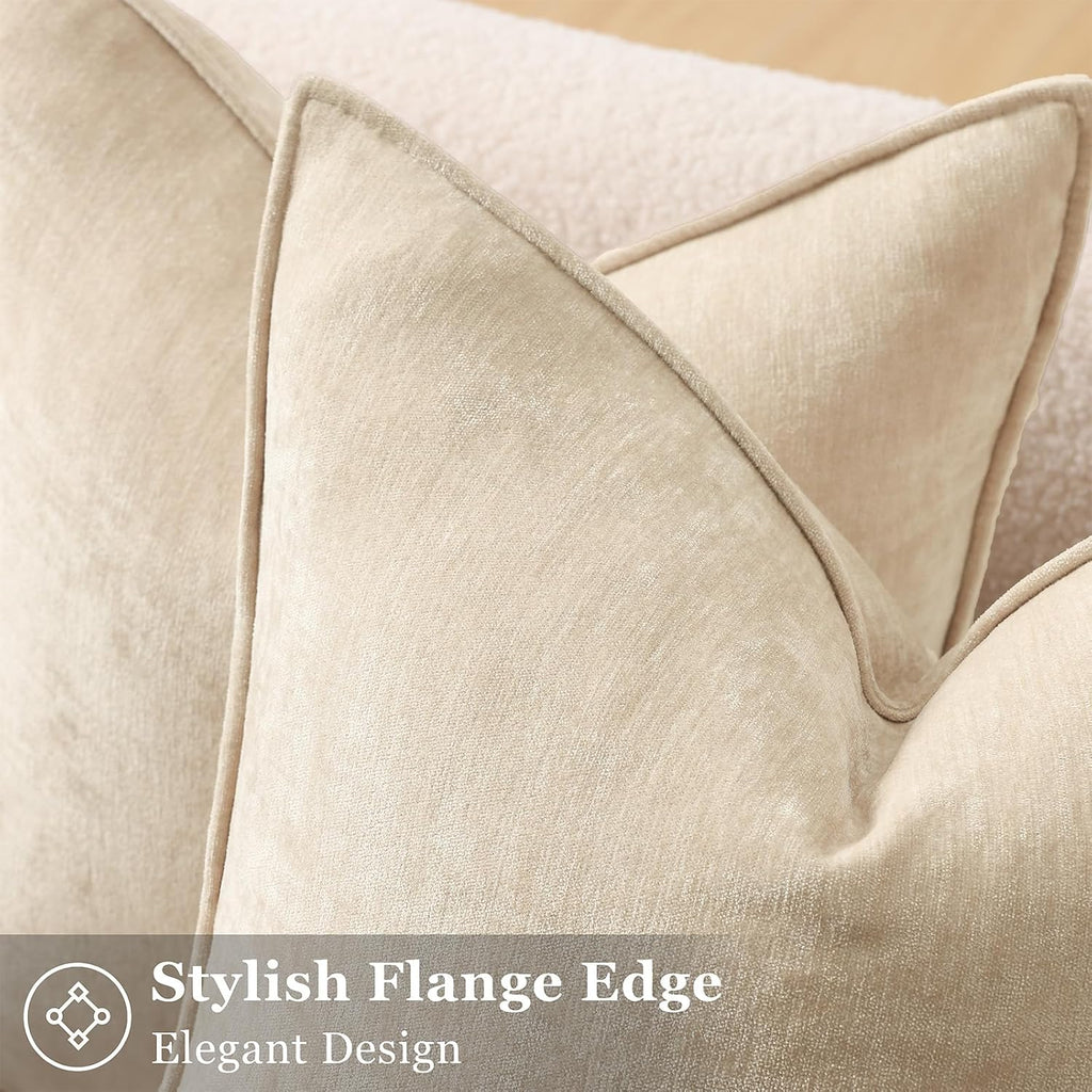 decorUhome Chenille Beige Velvet Throw Pillow Covers 20x20 Set of 2