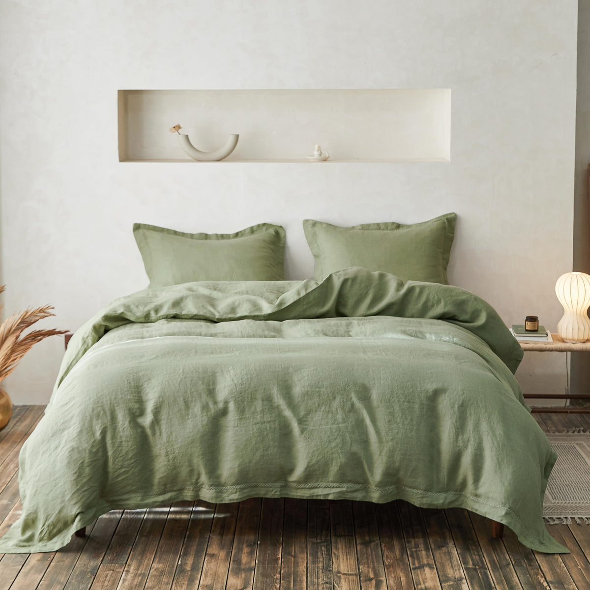 Simple&Opulence 100% French Flax Linen Duvet Cover Set with Embroidery Washed - 3 Pieces (1 Duvet Cover with 2 Pillow Shams) with Button Closure Soft Breathable Farmhouse - Linen, King Size