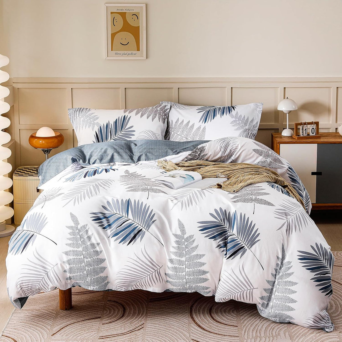 OAITE Queen Duvet Cover Set 3pcs 100% Cotton Blue Leaf
