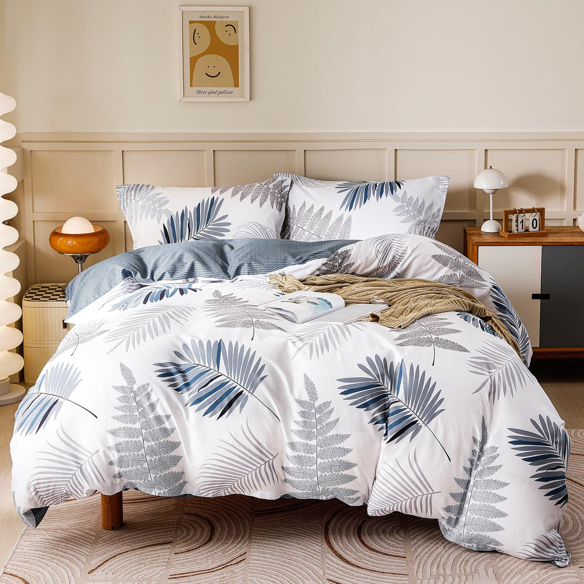 OAITE Queen Duvet Cover Set 3pcs 100% Cotton Blue Leaf