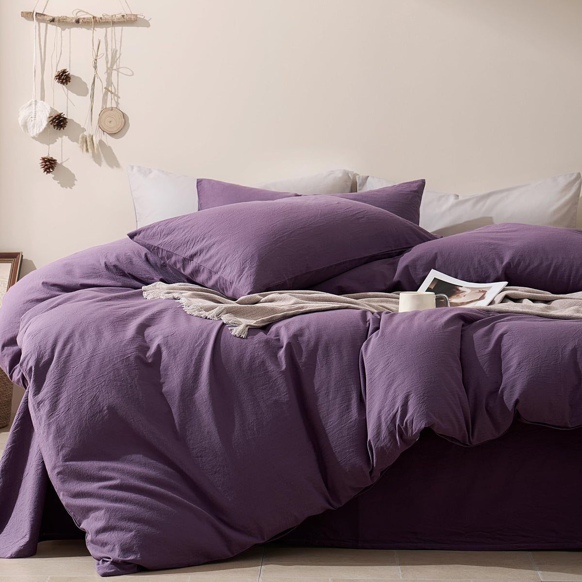 JELLYMONI 100% Cotton King Duvet Cover Set, Washed Linen-Like Texture