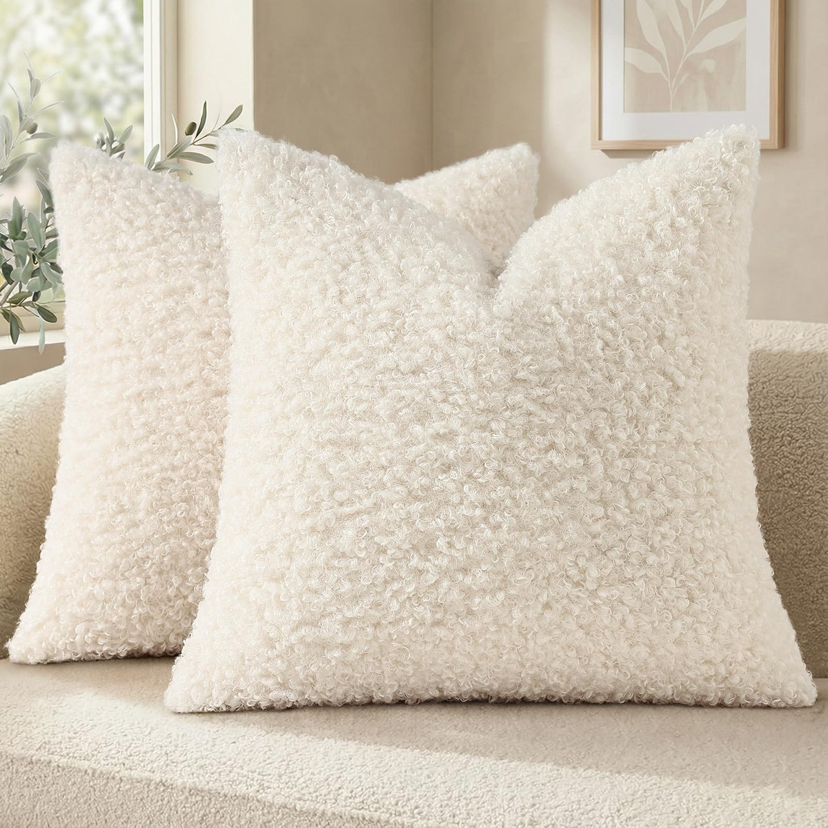 decorUhome Sherpa Throw Pillow Covers 18x18 Set of 2 Neutral Cream