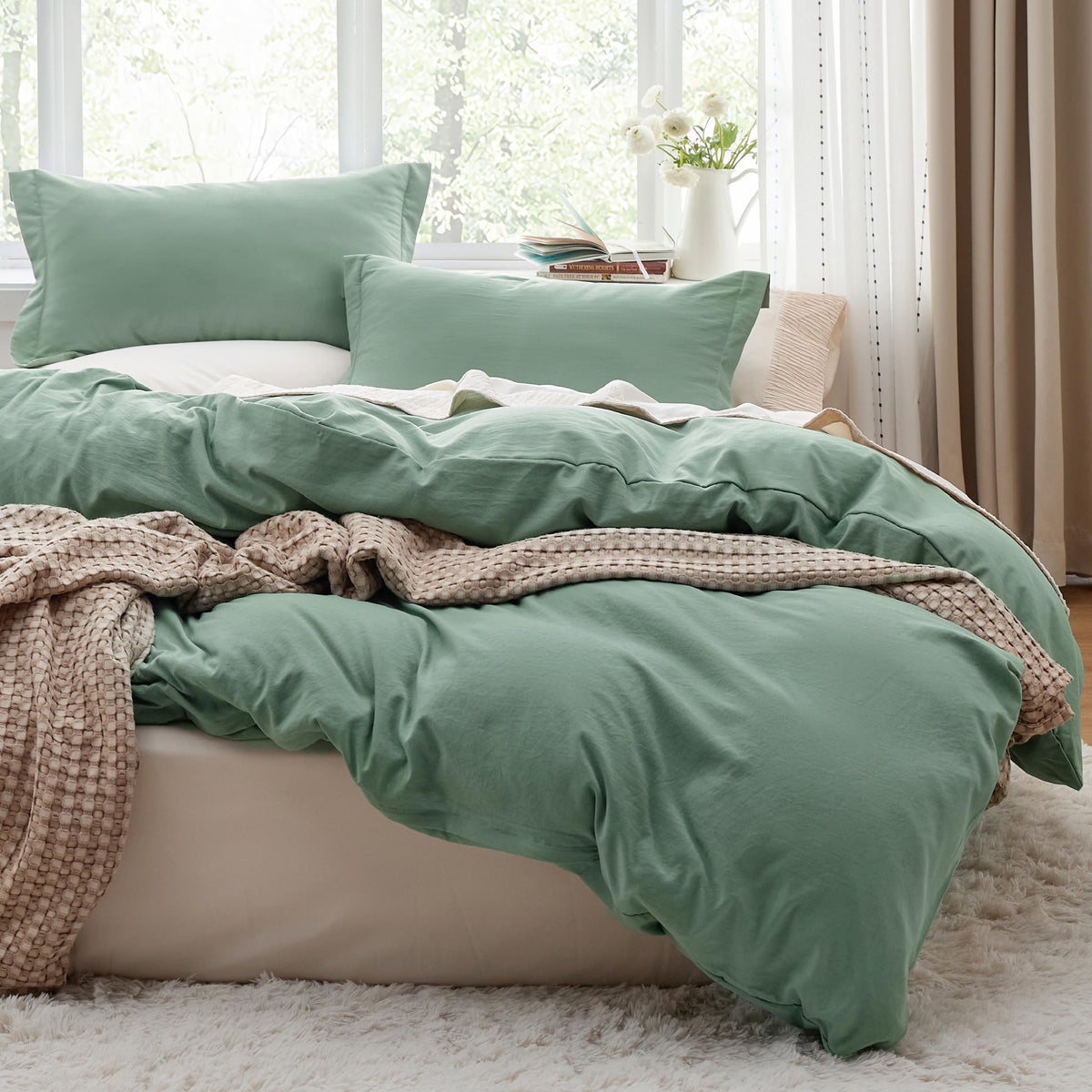 Bedsure Prewashed Duvet Cover Queen, Cotton-Like Soft Bedding Set, Beige