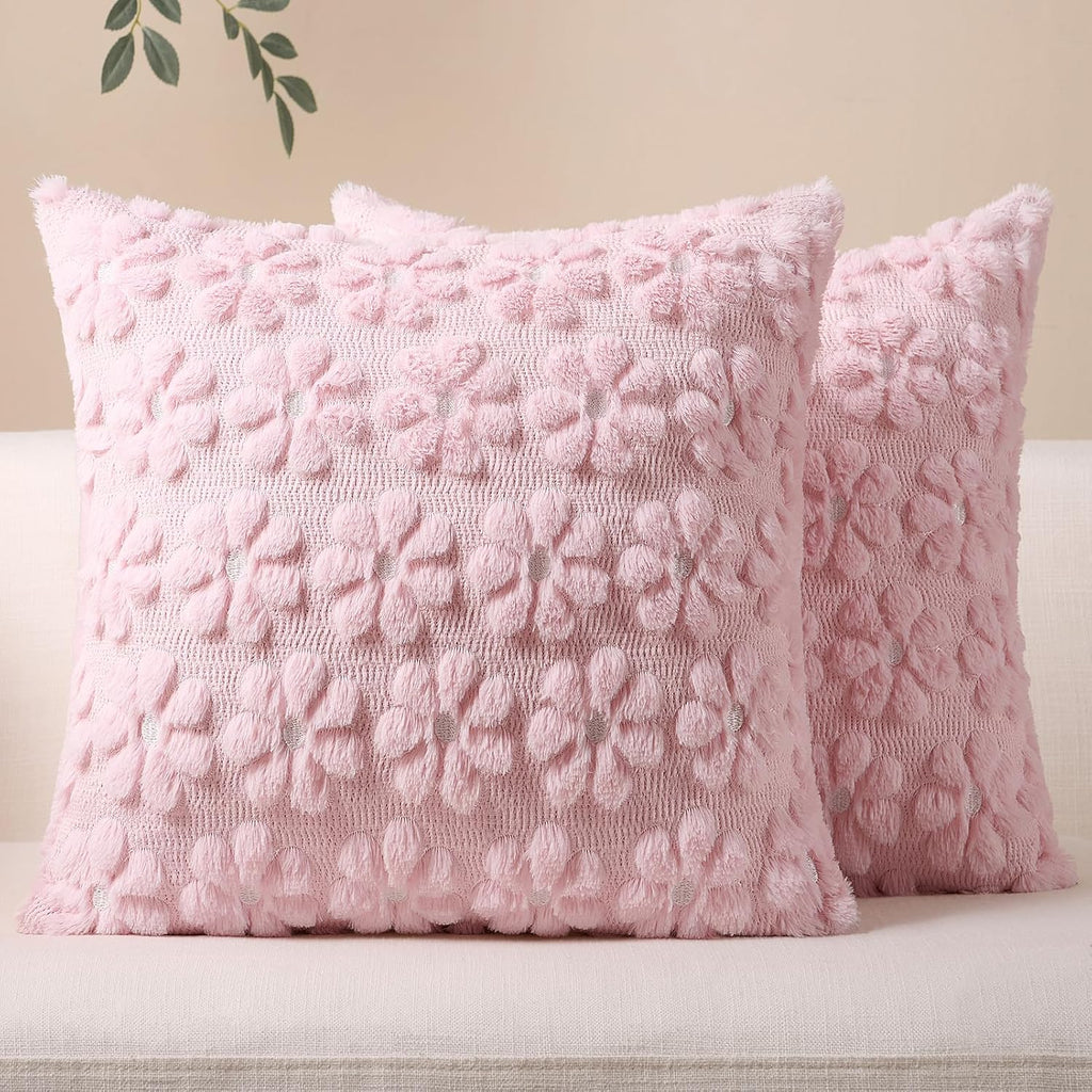 Softalker Spring Summer Throw Pillow Covers 18 x 18 Inch Set of 2, Farmhouse Decorative Floral Daisy Soft Faux Fur Cushion Covers, 3D Pillow Cases for Couch Bedroom Living Sofa Room Home Decor, Pink