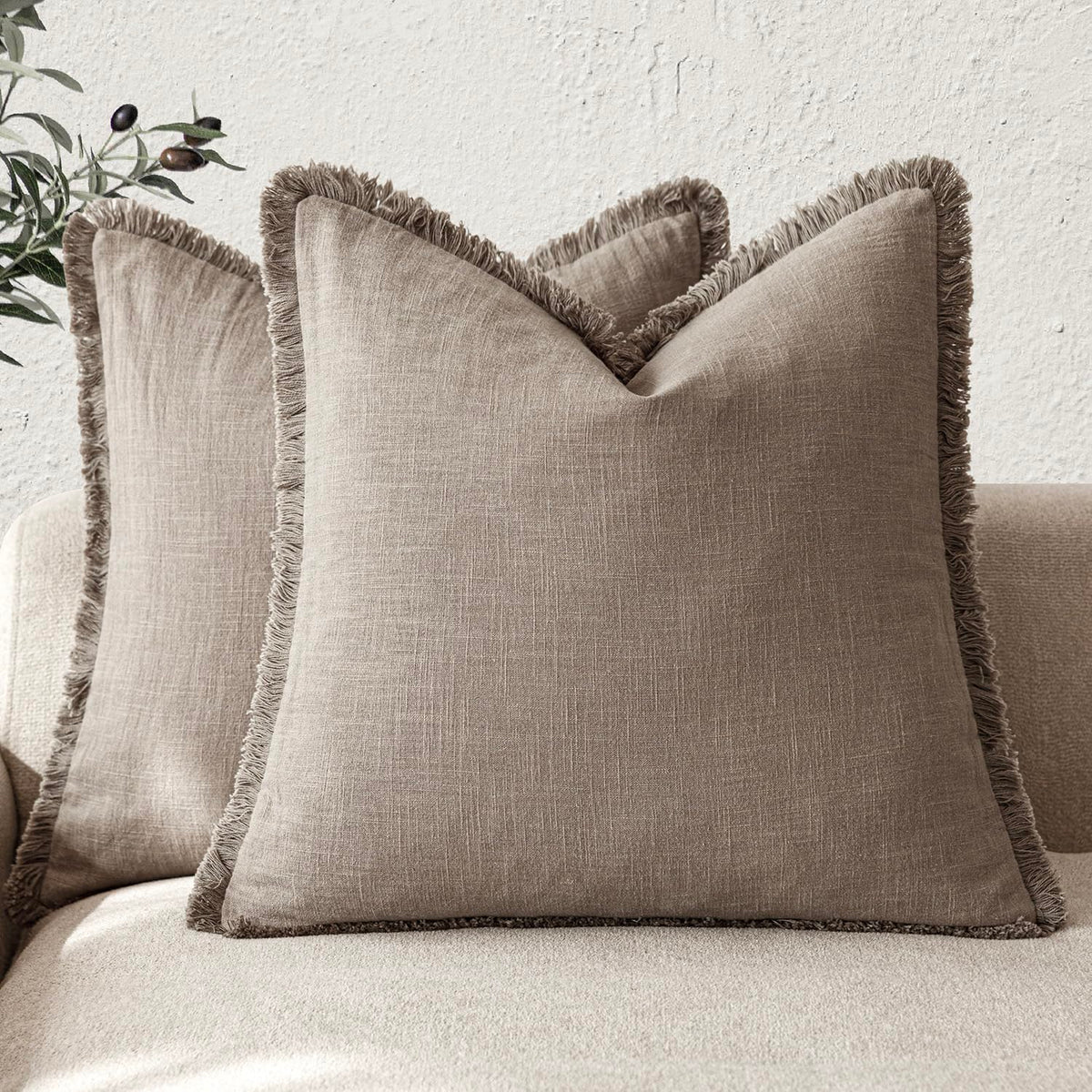 Foindtower Decorative Linen Fringe Throw Pillow Covers 20×20 Olive Green