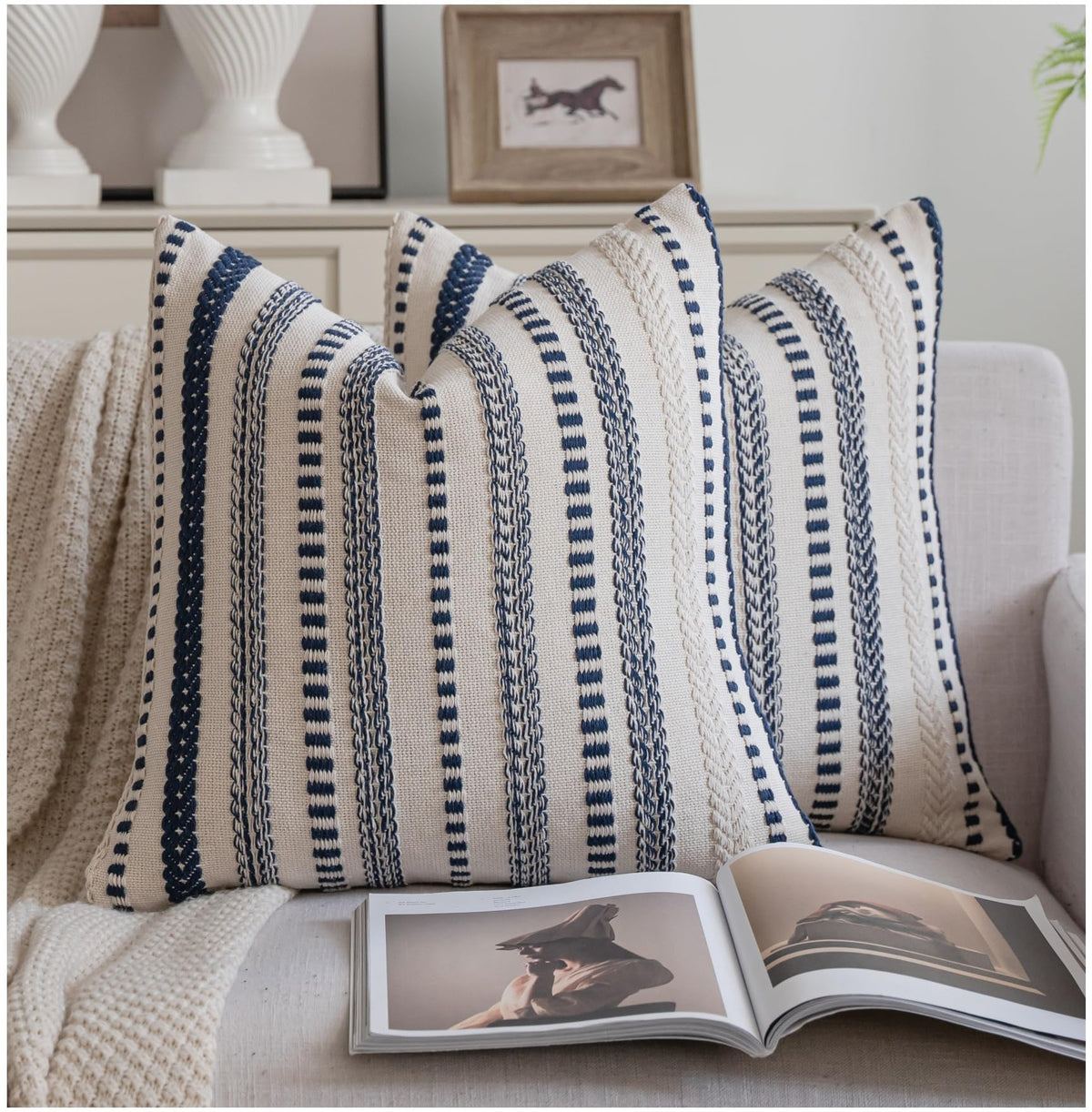 Cethom Blue and Beign Boho Throw Pillow Covers 18x18 Inch Set of 2, Stripe Textured Decorative Couch Pillow Cases for Bed, Sofa, Living Room, Bedroom, Farmhouse Home Accent Cushion Covers