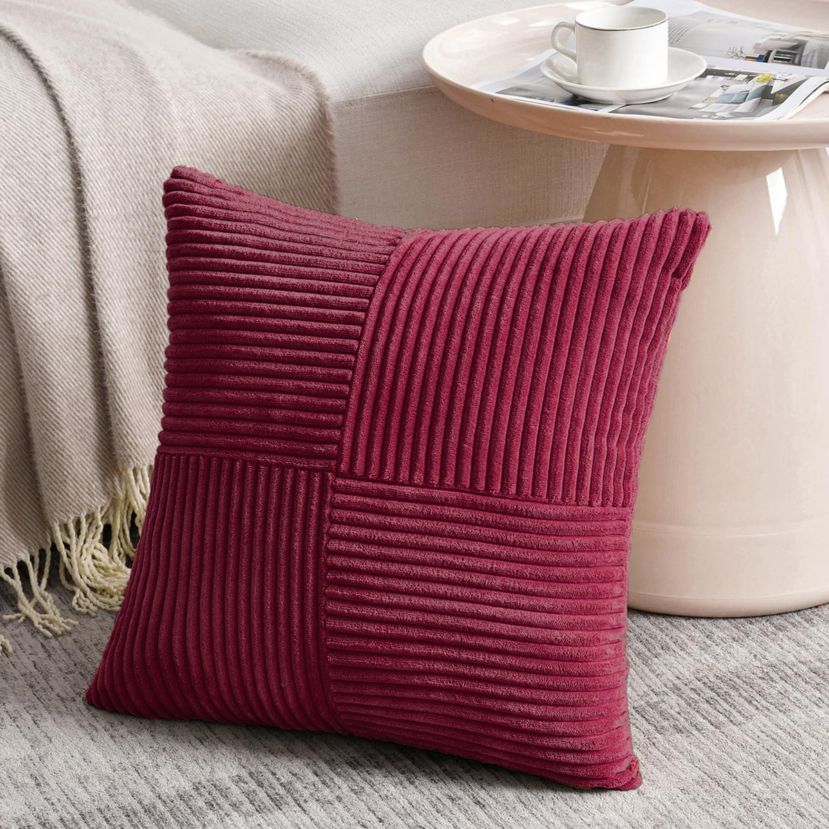 Fancy Homi Blush Pink Lumbar Decorative Throw Pillow Covers 12x20 Inch for Living Room Couch Bed, Rustic Farmhouse Boho Home Decor, Soft Striped Corduroy Rectangle Accent Cushion Case 30x50 cm