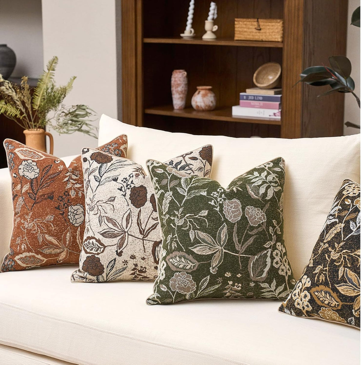 Green Floral Textured Throw Pillow Cover 18x18 Fall Vintage Rust Pillow Cover Farmhouse Summer Leaf Cushion Cover Chenille Neutral Flower Pillowcase Home Decor for Sofa Living Room Bedding