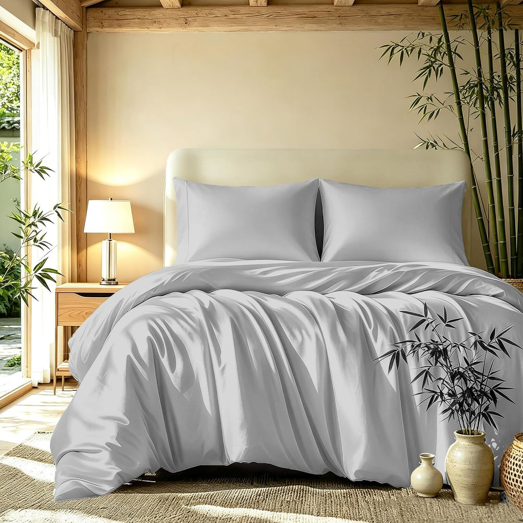 Queen Duvet Cover Set 3 Pieces, 100% Organic Viscose derived from Bamboo, Luxuriously Soft & Cooling, 1 Duvet Cover and 2 Pillowcases, 90" x 90"(Queen, Linen)