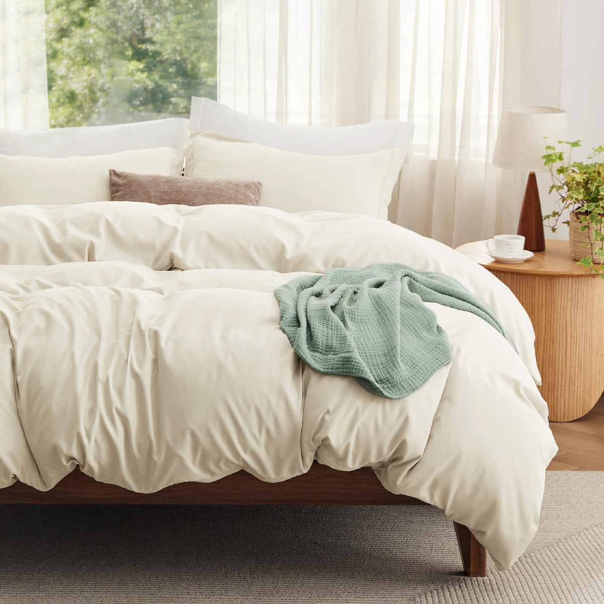 Bedsure Prewashed Duvet Cover Queen, Cotton-Like Bedding Set, Olive Green