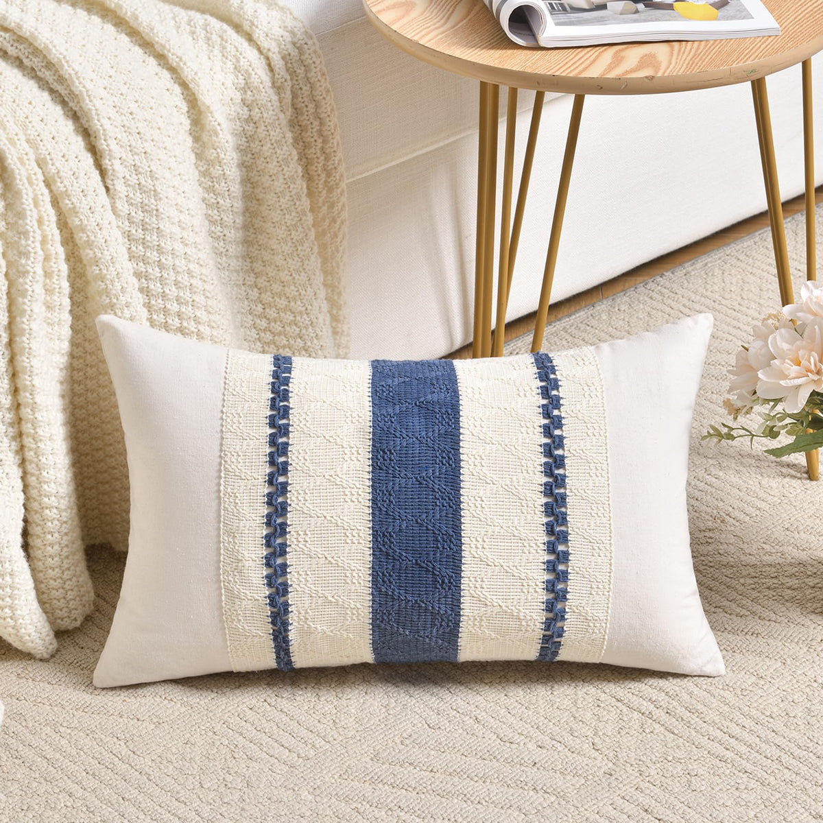 Fancy Homi Set of 1 Navy Blue Lumbar Decorative Throw Pillow Covers 12x20 Inch for Couch Bed Sofa Living Room, Soft Cotton blend Woven Textured Cushion Case