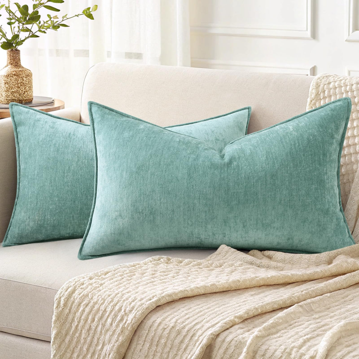 decorUhome Chenille Beige Velvet Throw Pillow Covers 20x20 Set of 2