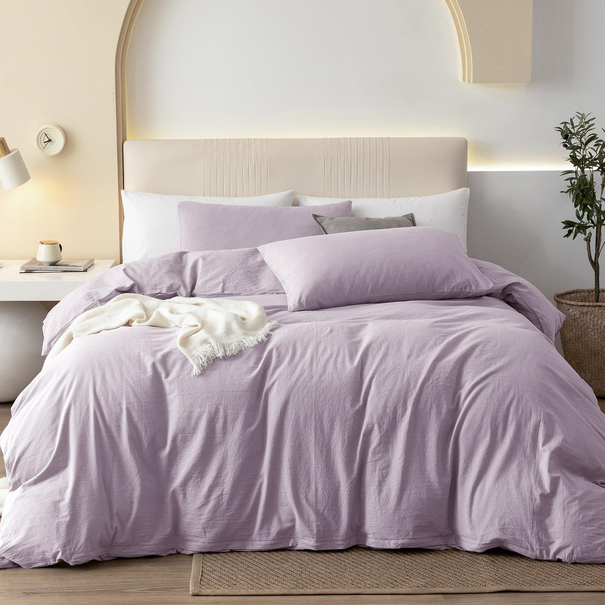 JIYUAN Queen Washed Cotton Duvet Cover Set, 3-Piece, Relaxed Linen Feel