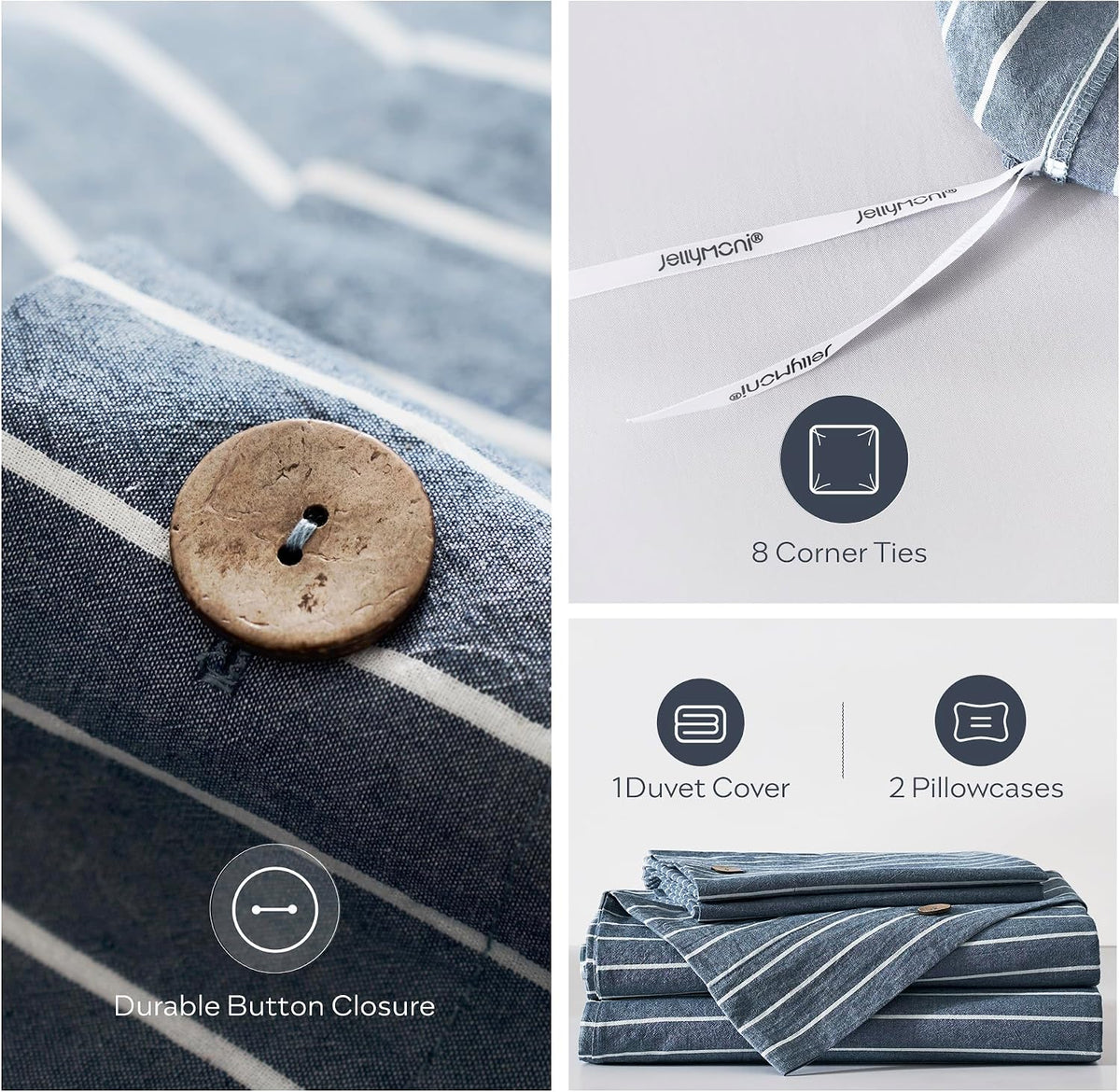 JELLYMONI 100% Washed Cotton Striped Duvet Cover Set King, Linen-Like