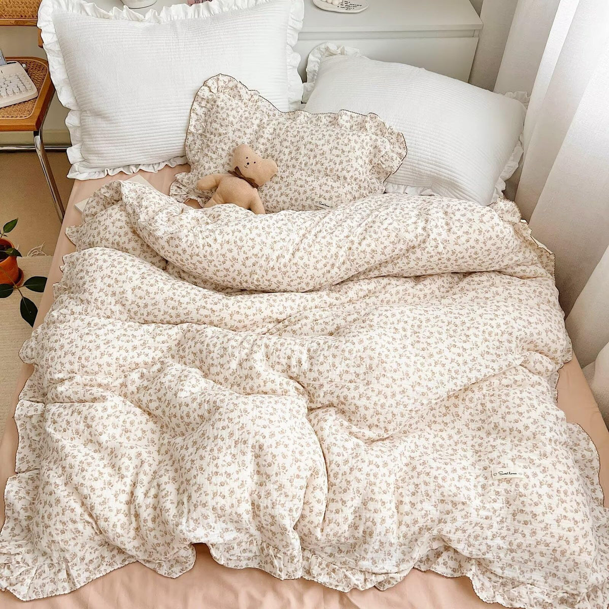 BuLuTu 100% Cotton Muslin Duvet Cover Twin for Kids Girls Boys, Shabby Chic Azalea Floral Duvet Covers Vintage Farmhouse Comforter/Quilt Cover with Ruffles, 68"x86", Zipper Closure, No Pillow