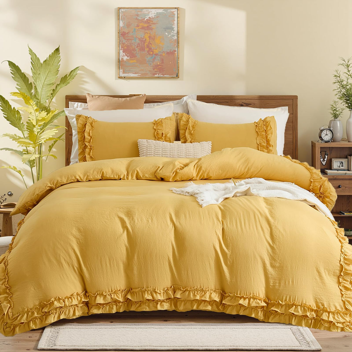 Bedorm Beige Duvet Cover Set Queen Ruffle Bedding Set Pleat Ruffled Shabby Chic Comforter Cover Extra Soft & Easy Care White Boho Duvet Cover with Zipper Closure