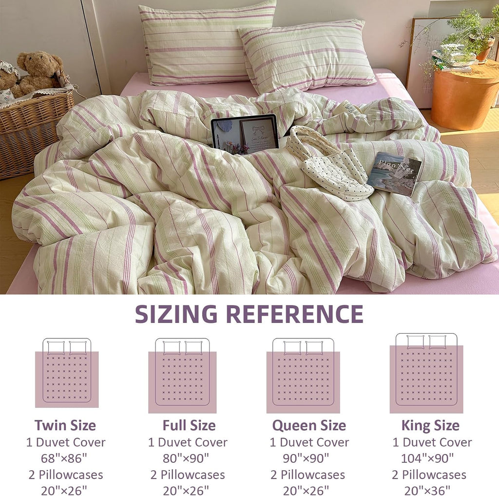 EAVD Retro Striped Duvet Cover Queen Soft 100% Washed Cotton Green Purple