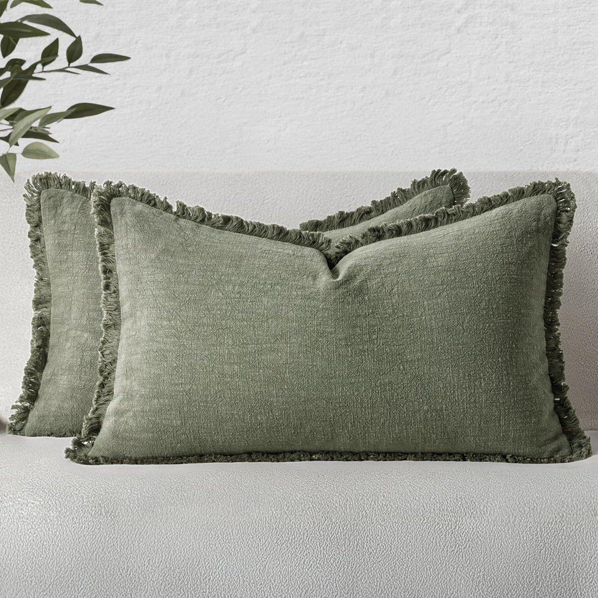 MIULEE Boho Linen Fringe Decorative Throw Pillow Covers Olive Green 20x20