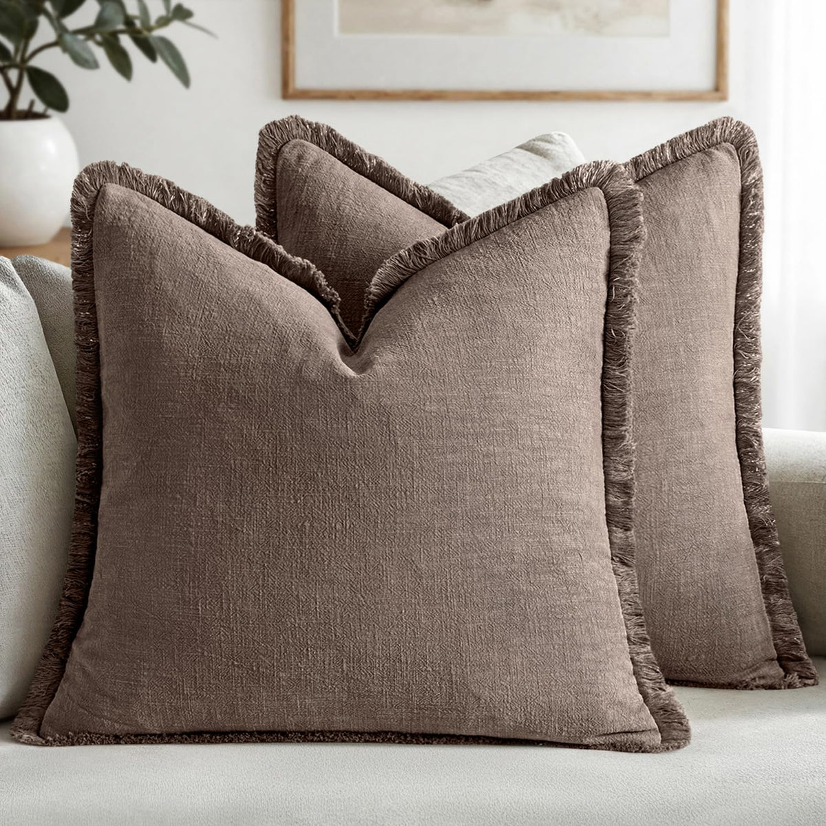 MIULEE Boho Linen Fringe Decorative Throw Pillow Covers Olive Green 20x20