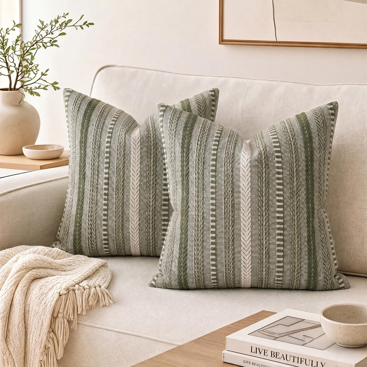 AVOIN colorlife Pink Boho Decorative Throw Pillow Covers Set of 2, 18 x 18 Inch Woven Stripe Textured Rustic Cushion Case Home Decor for Living Room Couch Sofa