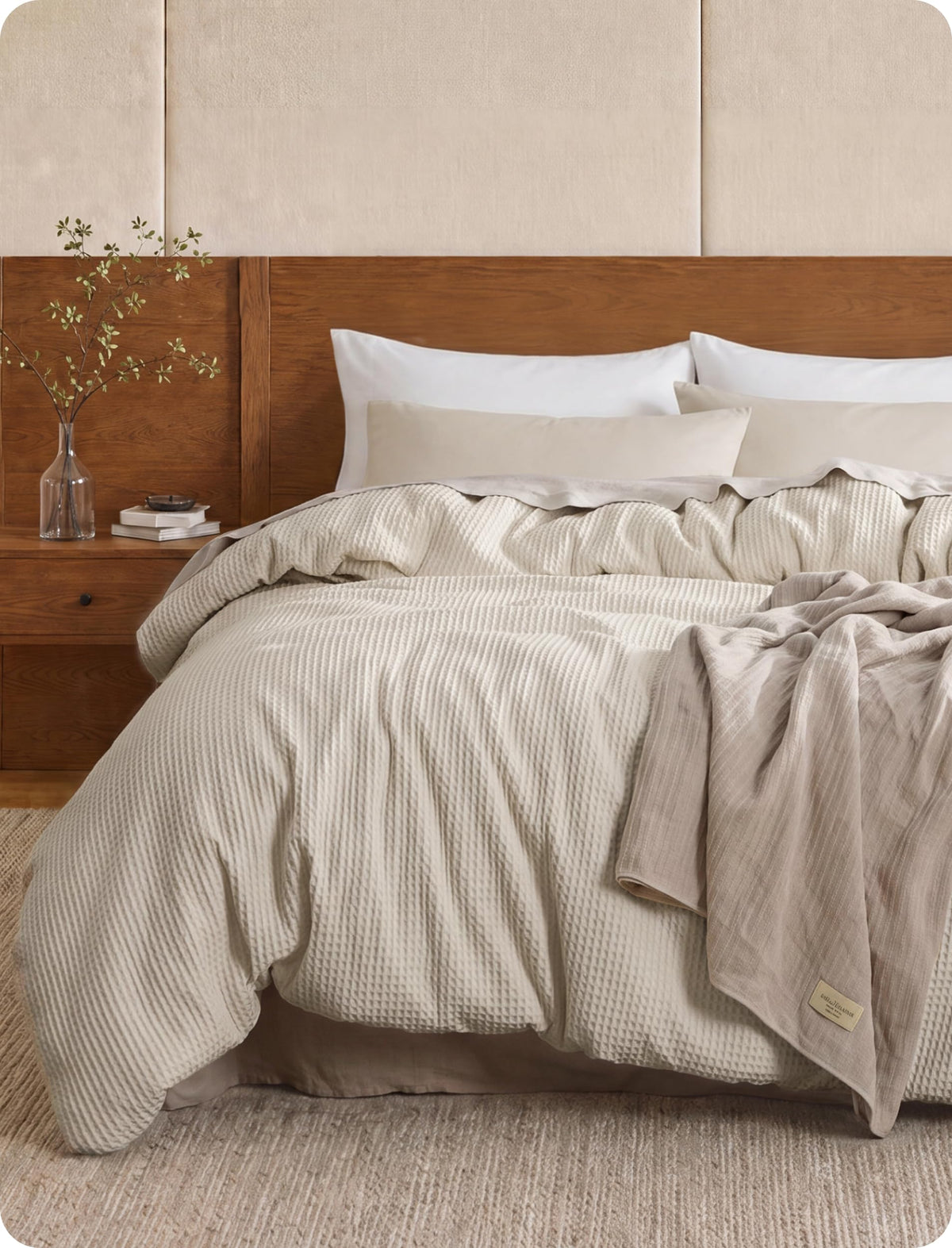Bedsure PureWoven 3 Pieces 100% Cotton Waffle Duvet Cover Set, King, Linen