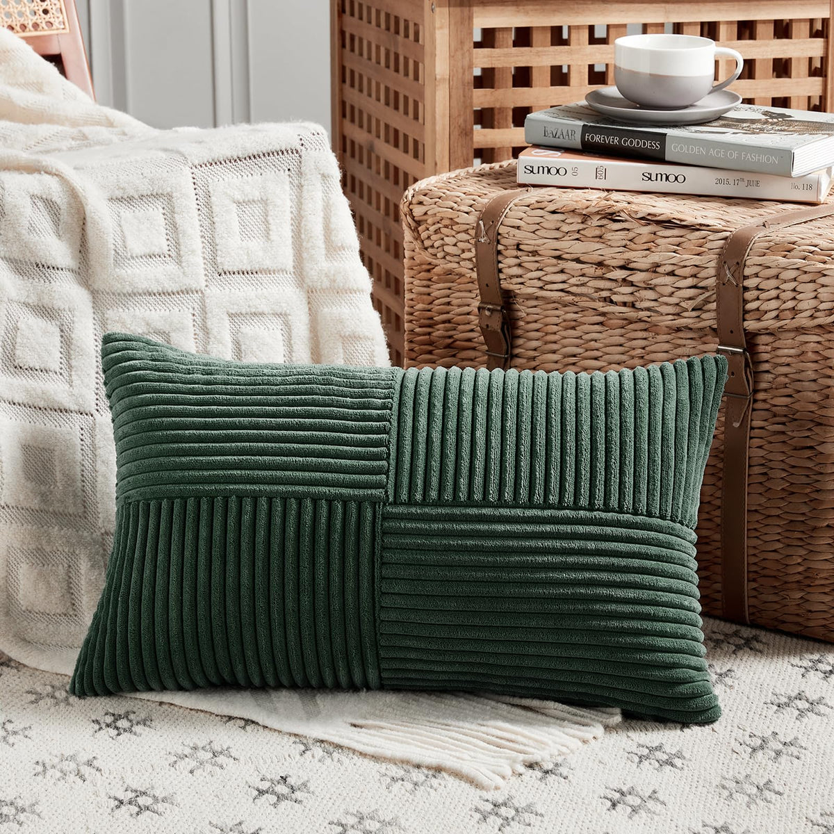 Fancy Homi Blush Pink Lumbar Decorative Throw Pillow Covers 12x20 Inch for Living Room Couch Bed, Rustic Farmhouse Boho Home Decor, Soft Striped Corduroy Rectangle Accent Cushion Case 30x50 cm