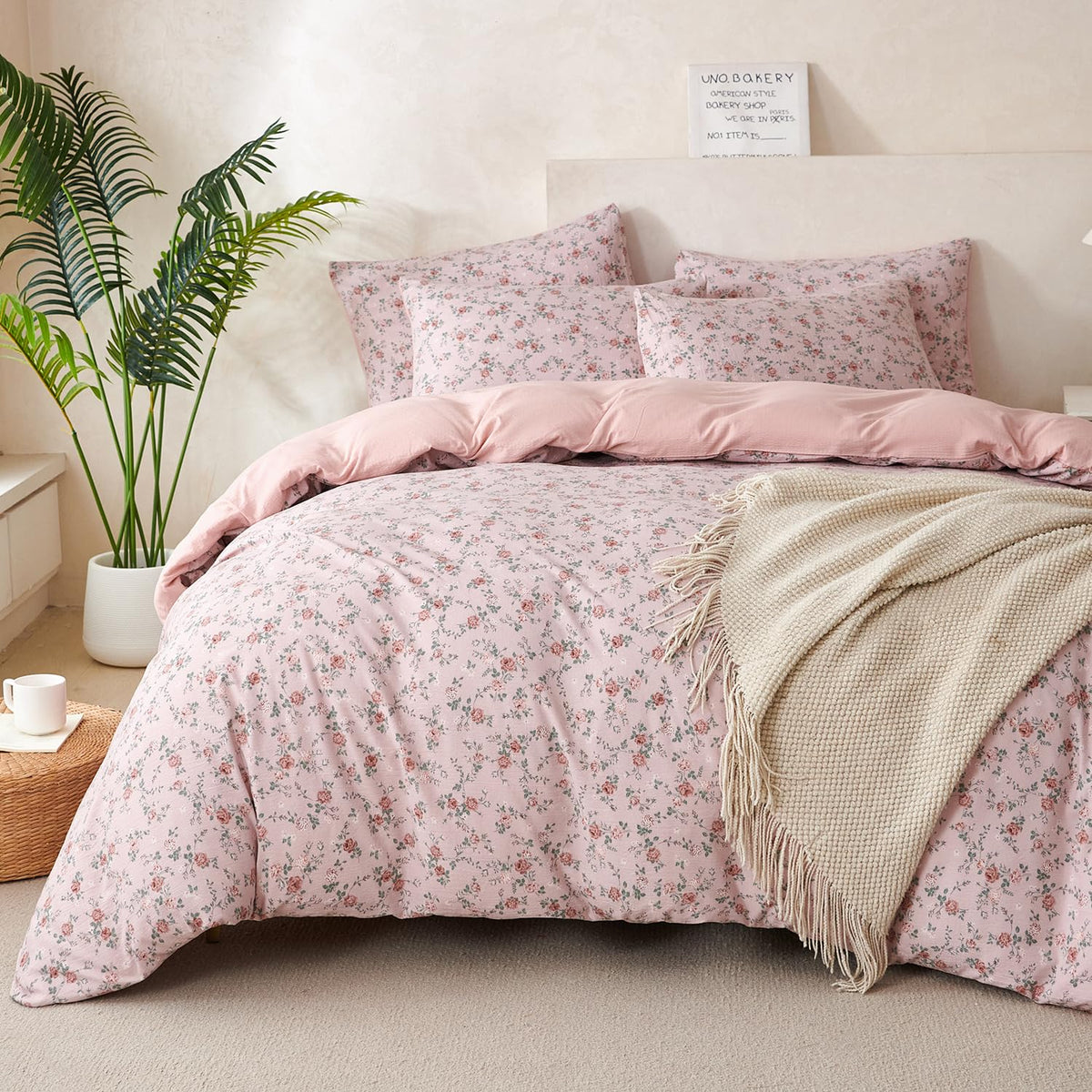 King Size Duvet Cover Set Floral Luxury Soft Brushed Microfiber Crinkle Gauze Fabric 3 Pieces Bedding Set Flower Pattern Duvet Cover King with Zipper Closure Breathable Comfy