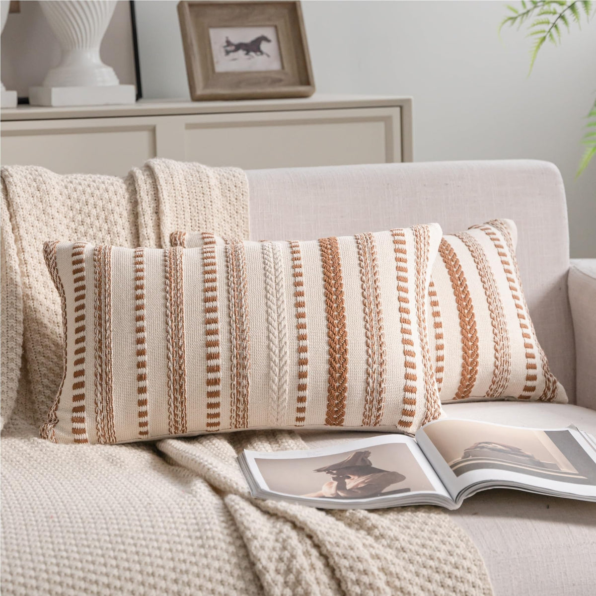 Cethom Blue and Beign Boho Throw Pillow Covers 18x18 Inch Set of 2, Stripe Textured Decorative Couch Pillow Cases for Bed, Sofa, Living Room, Bedroom, Farmhouse Home Accent Cushion Covers